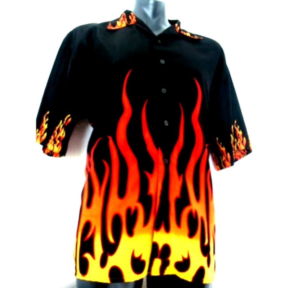 City Impact Men’s L Shirt All Over Flames Biker Grunge Emo All Over Front Back